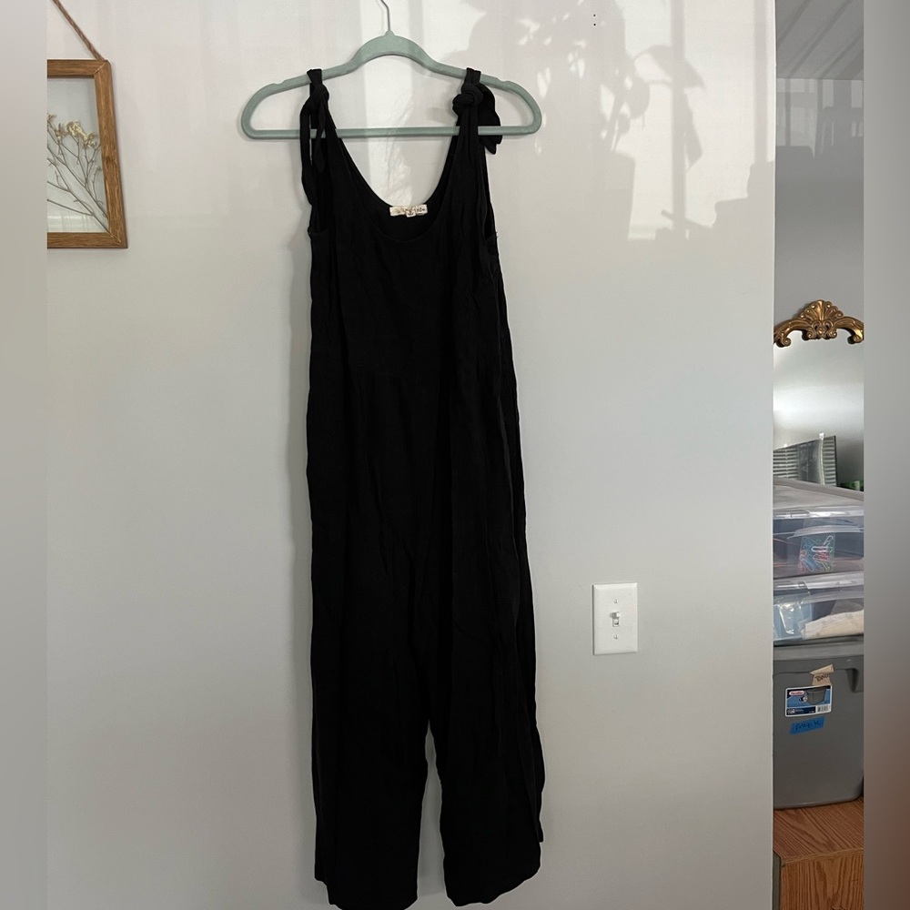 Tie shoulder linen blend jumpsuit